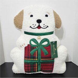Hallmark White & Brown Plush Dog Accent Pillow with Red Plaid Gift